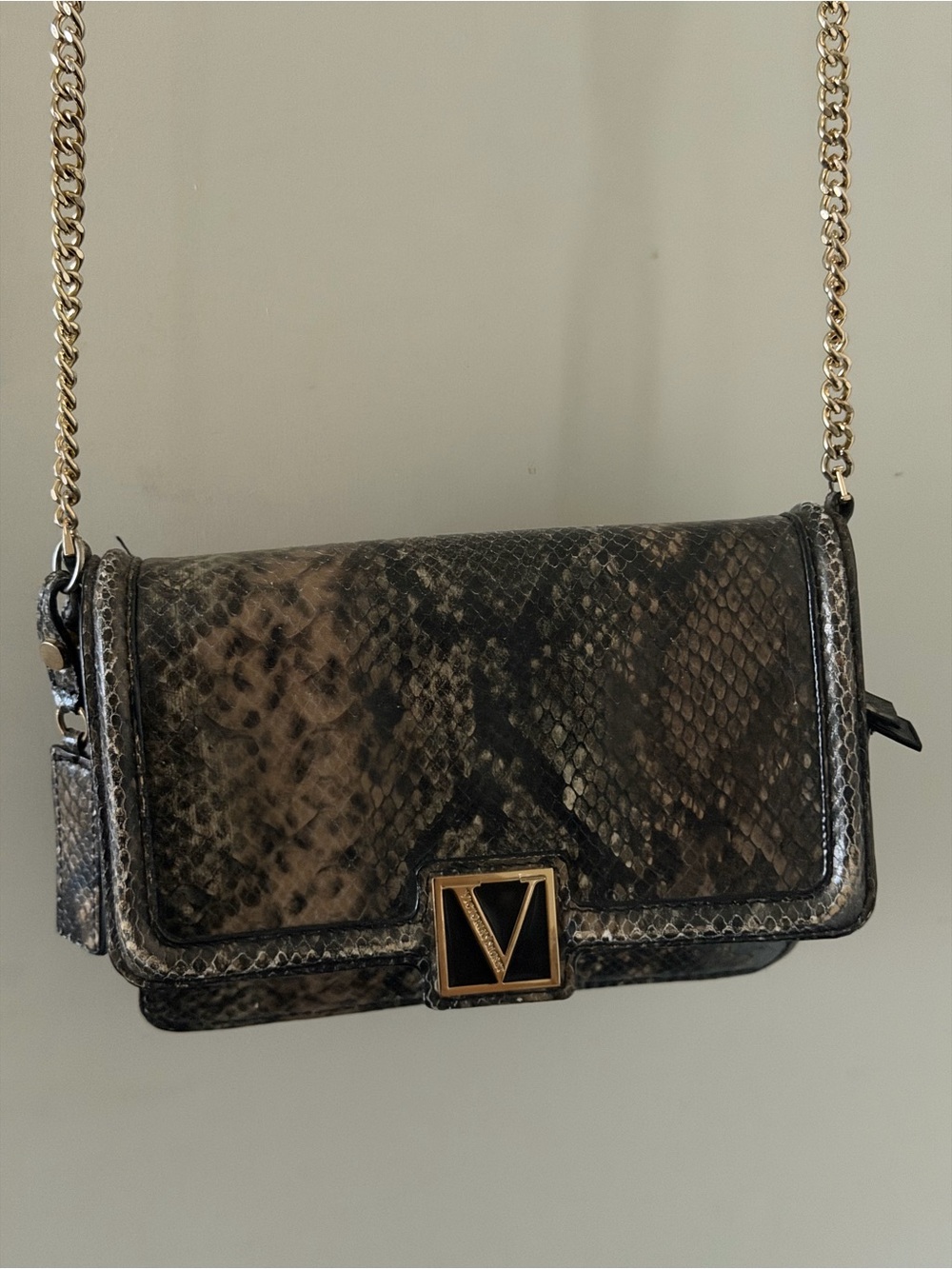 Victoria's Secret Snake-Print Crossbody in Black and Brown with Gold Chain